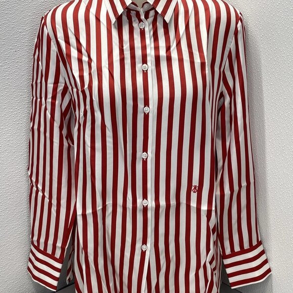 Lilysilk Women’s Silk Button‑Down Top Red/White Stripes Size M - Picture 1 of 9